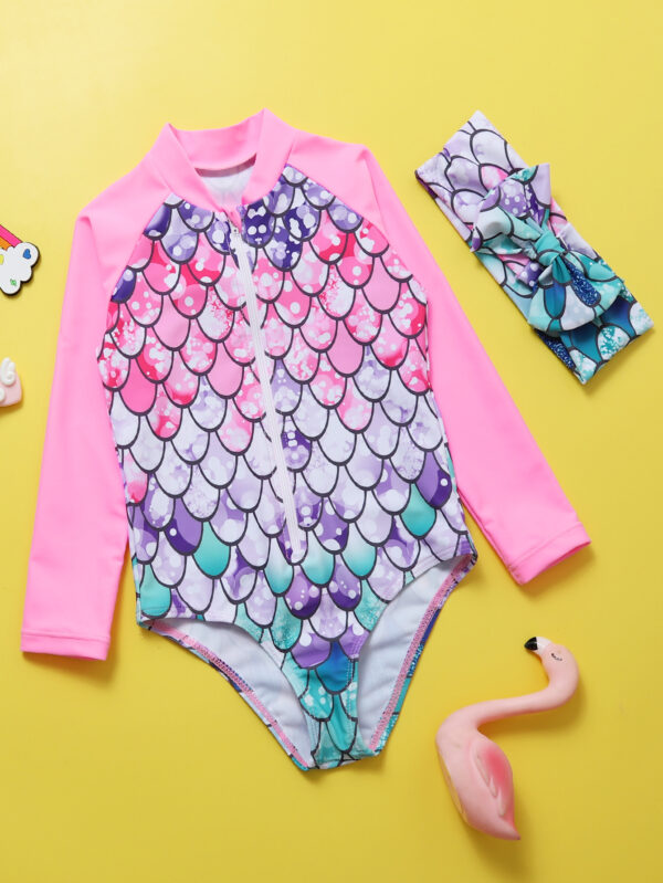 Girl one-joined long sleeve bikini mermaid fish scales 3d print sunscreen beach suit swimsuit